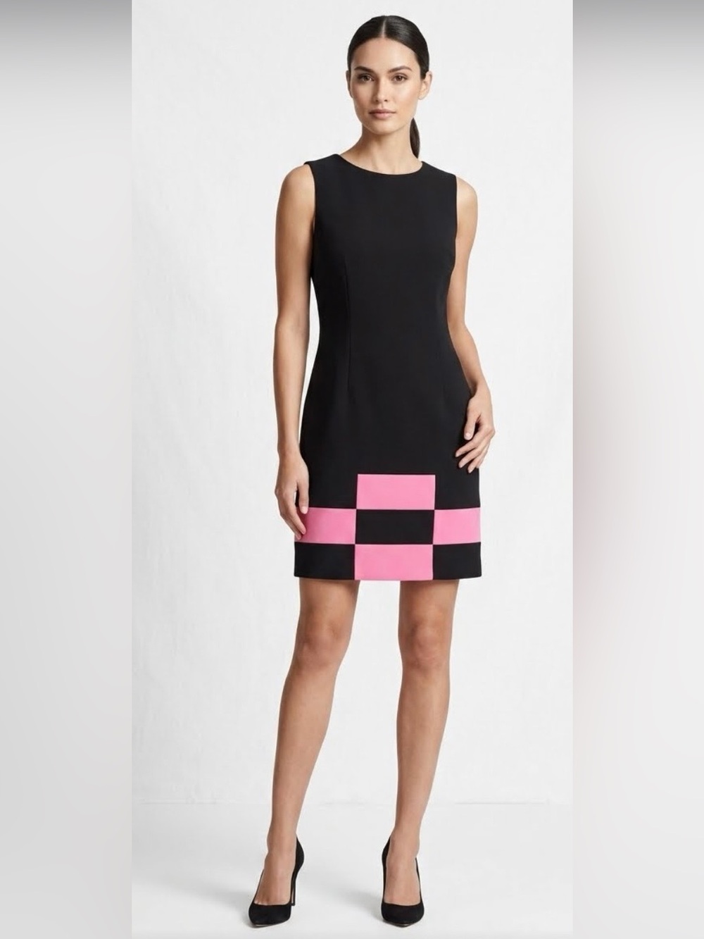 Amanda Smith Sleeveless Black and Pink Print Block Dress, Size 6